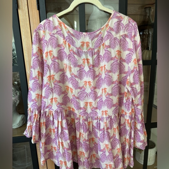 Anthropologie babydoll blouse Novelty Rooster print Ivy Jane ruffles bell sleeve - Picture 3 of 8